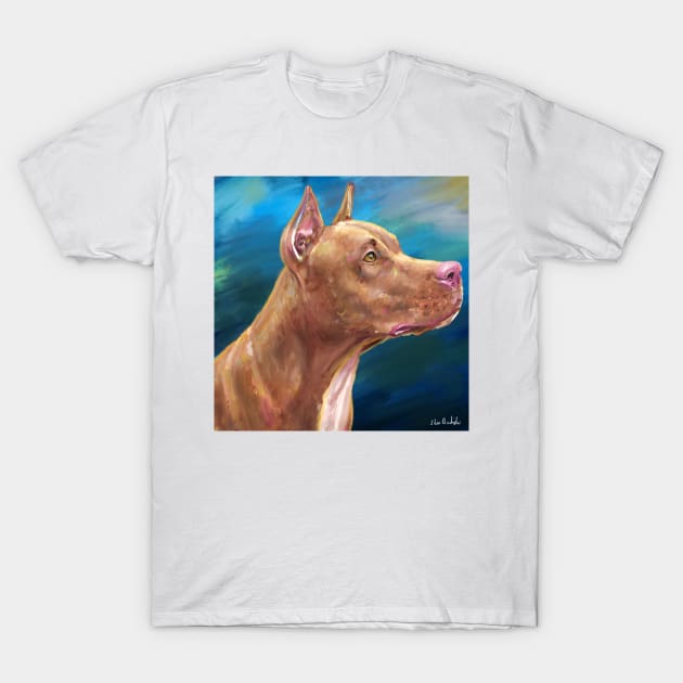 Expressive Painting of a Red Nose Pit Bull On Blue Background T-Shirt by ibadishi